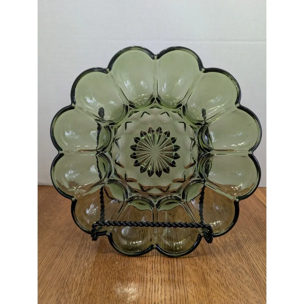 Vintage 1970's  Anchor Hocking Fairfield Avocado Green Glass Deviled Egg Plate